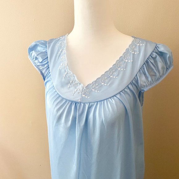 Pink Lady Other - Vintage Nightgown Blue Nylon with Ruffled Cap Sleeves Medium